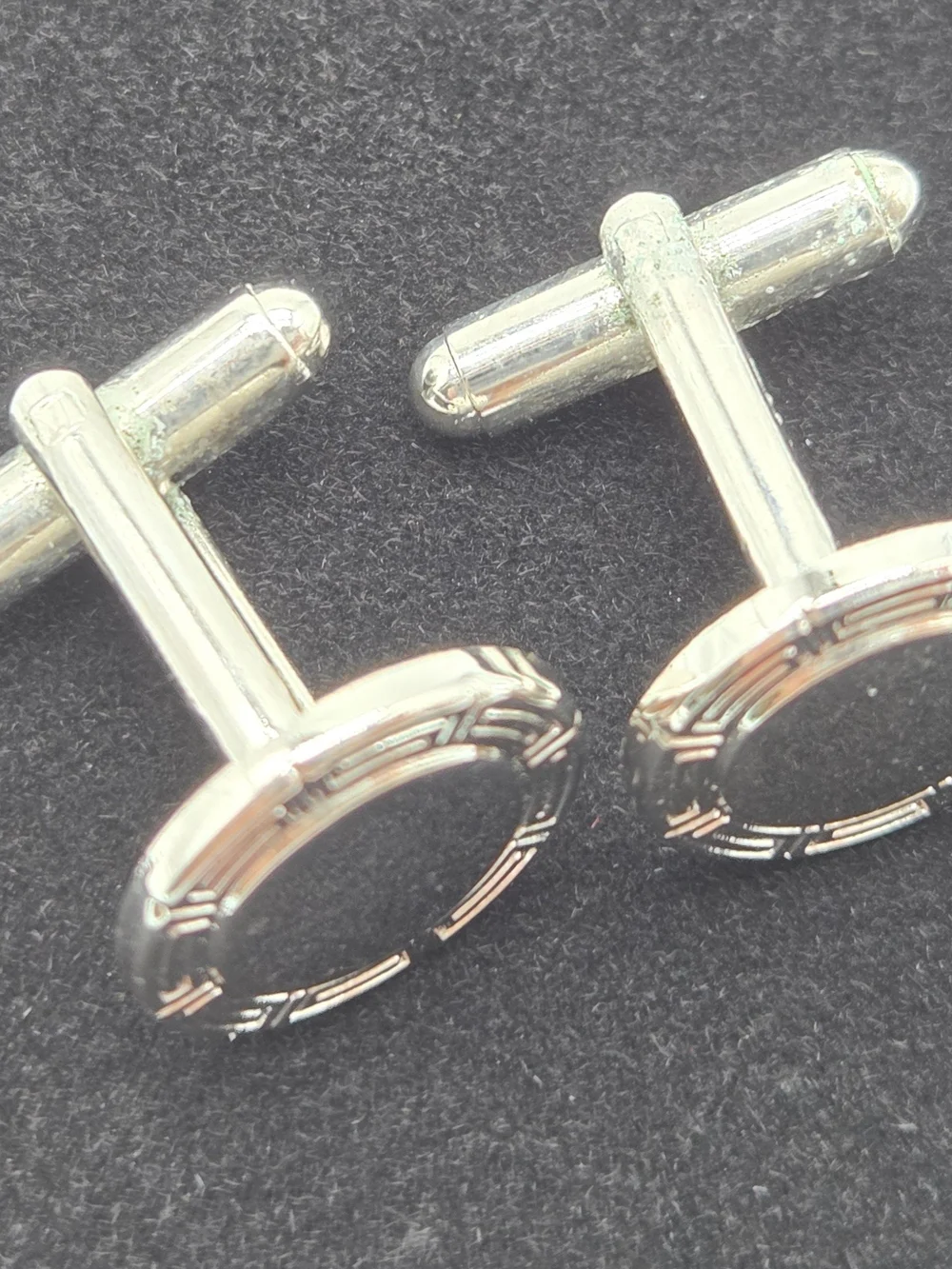 Men's Silver Tone Round Cufflinks Black Center Engraved Border Swivel Back